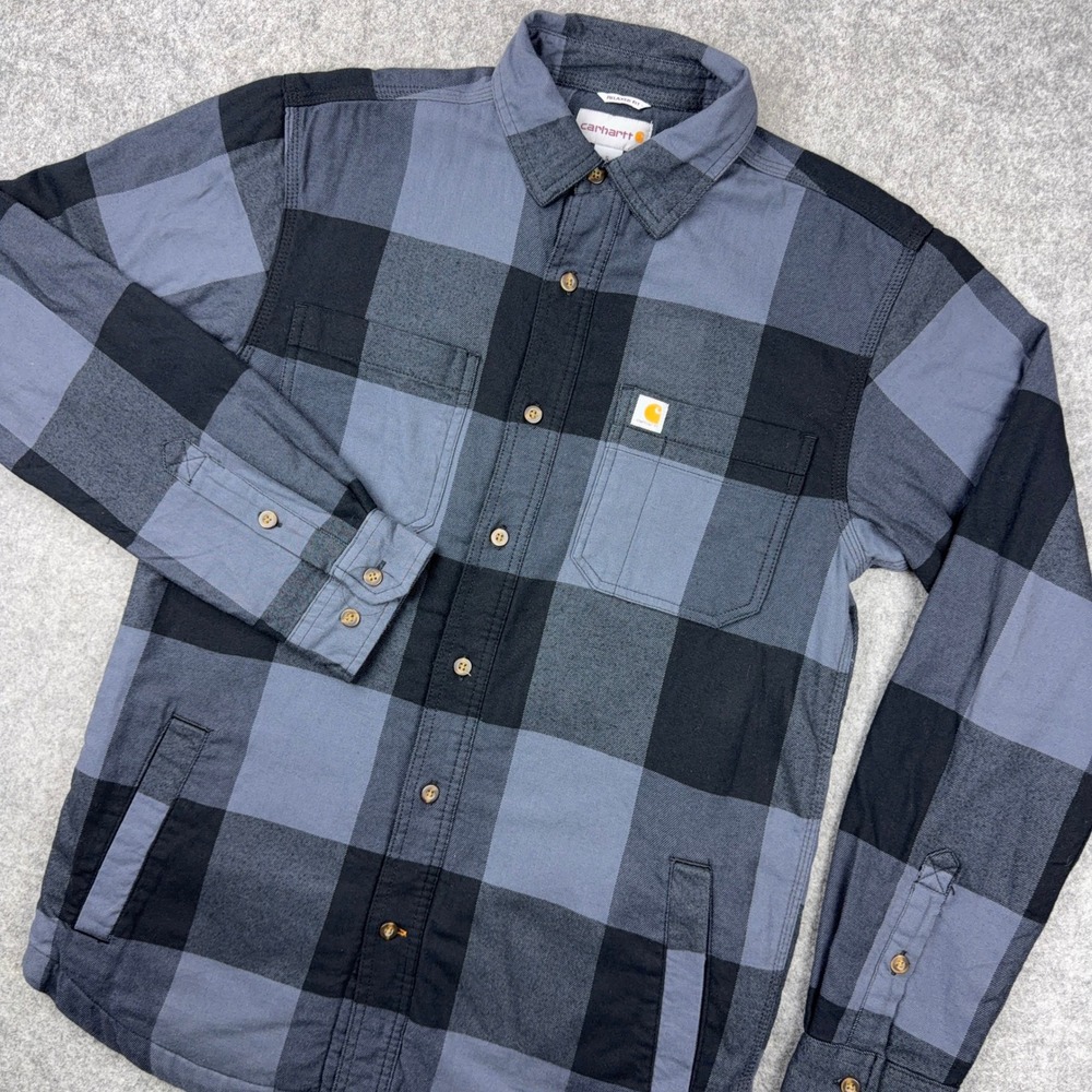 Carhartt Flannel Shirt Jacket Mens Small Gray Black Buffalo Plaid Fleece Outdoor